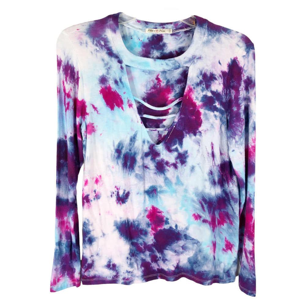 Heart Hips Medium Top Handmade Tie Dye Fancy Frills Blue Pink Purple V Neck 568